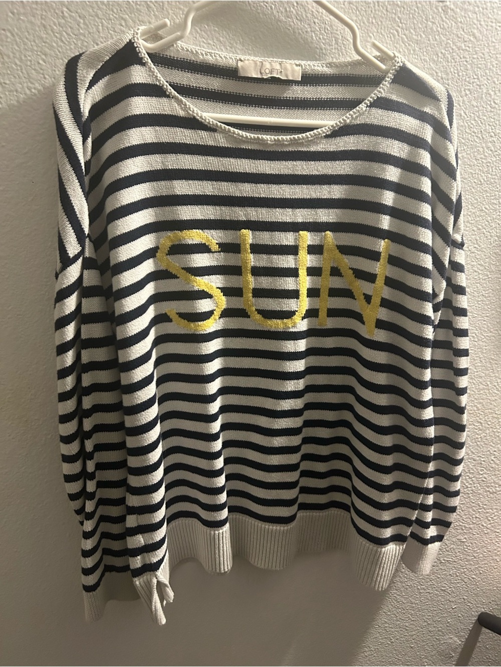 LOFT Black & White Striped Crew Sweater with Yellow SUN Detail
